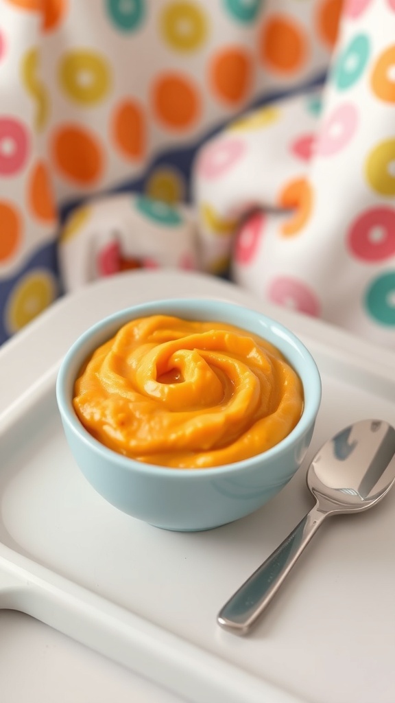 A bowl of mashed sweet potato for babies, with a baby spoon on a high chair tray.